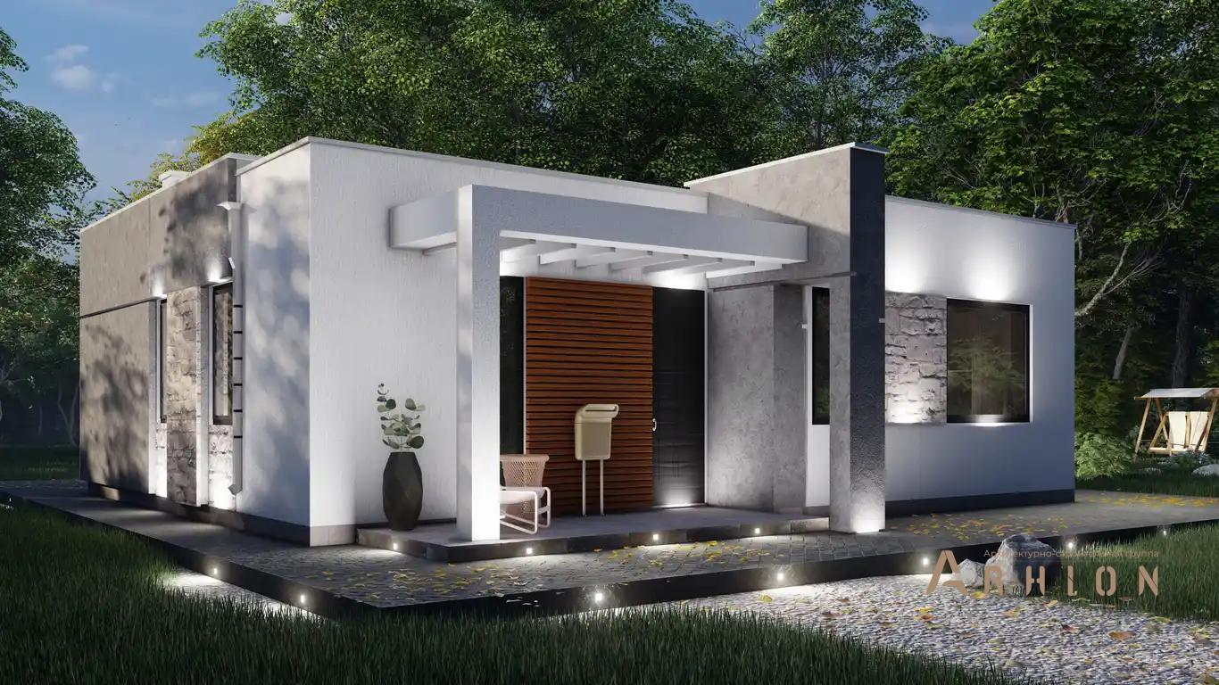 4. Проект одноэтажного дома в стиле хай-тек с плоской кровлей , h-1625, площадью - 88 кв c терассой